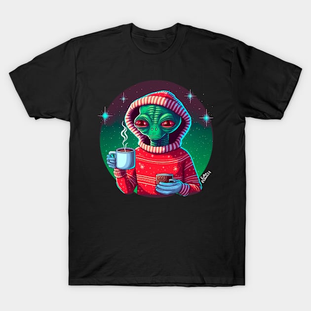 Christmas Funny Alien Wearing Sweater T-Shirt by extraordinar-ia